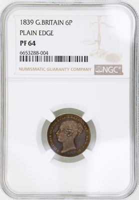 イギリス 1839年 プルーフ６ペンス銀貨 ヴィクトリアヤング トーン UNC NGC PF64 6653288-004