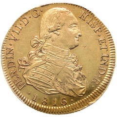 スペイン領 チリ　1816年So-FJ　サンティアゴ　フェルナンド7世　カルロス4世　8エスクード金貨　PCGS　AU55
