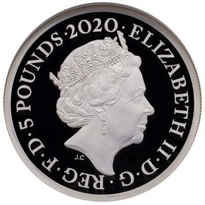 イギリス 2020年 The Great Engravers第2弾 スリーグレーセス　5ポンド 2オンス プルーフ純銀貨　エリザベス女王 NGC PF70UCAM