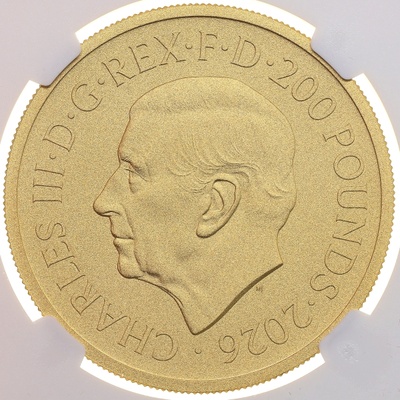 イギリス　2026年　2オンス　200ポンド　マットプルーフ純金貨　エリザベス2世生誕100周年記念　第二肖像　NGC PF70MATTE