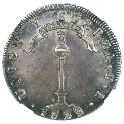 チリ 1822年FI サンティアゴ  1ペソ銀貨  活火山 美麗 グリーントーン NGC AU58