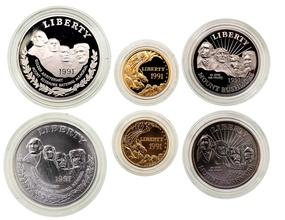 アメリカ　1991年　5ドル金貨*2　1ドル銀貨など6枚セット　Mount Rushmore anniversary