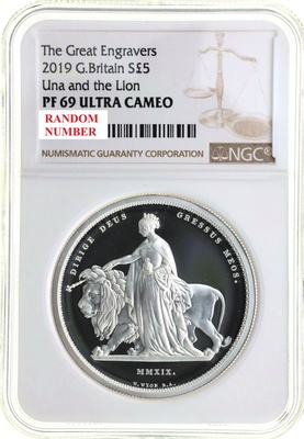 イギリス 2019年 The Great Engravers 第一弾 「 ウナ・ライオン」5ポンド 2オンス プルーフ純銀貨　エリザベス2世 ロイヤルミント NGC PF69Ultra Cameo