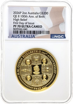 オーストラリア　2026年　2オンス純金貨200ドル　エリザベス2世生誕100周年記念　ピエフォーNGC PF70ULTRA CAMEOFisrt Day of Issue