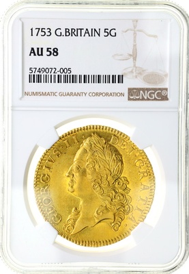 イギリス 1753年銘 5ギニー金貨　ジョージ2世　NGC鑑定 AU58