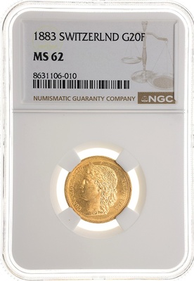 スイス 1883年B 20フラン金貨 ベルンミント ヘルヴェティア NGC　MS62