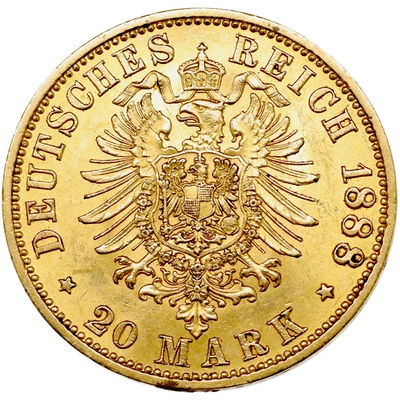 ドイツ・プロイセン 1888年A 20マルク金貨 フリードリヒ３世 EF極美品