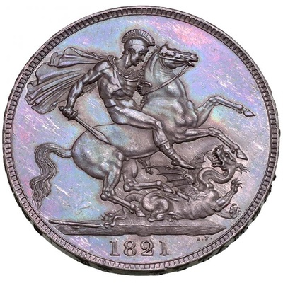 イギリス 1821年 クラウン銀貨 ジョージ4世 Secundo on edge 遊色トーン NGC MS61