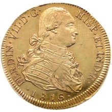 スペイン領 チリ　1816年So-FJ　サンティアゴ　フェルナンド7世　カルロス4世　8エスクード金貨　PCGS　AU55