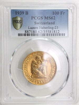 スイス　1939B　100フラン金貨　射撃祭　PCGS　MS62