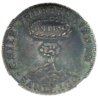 チリ 1822年FI サンティアゴ  1ペソ銀貨  活火山 美麗 グリーントーン NGC AU58