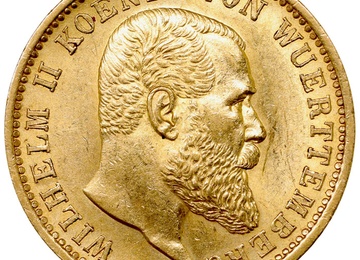 ドイツ・ヴュルテンベルク 1905年F 20マルク 金貨 ヴィルヘルム2世 EF+極美品+