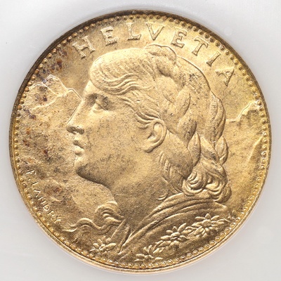 スイス 1922年B 10フラン金貨 アルプスと少女 ブレネリ ヘルベティア　NGC MS65 1760514-058