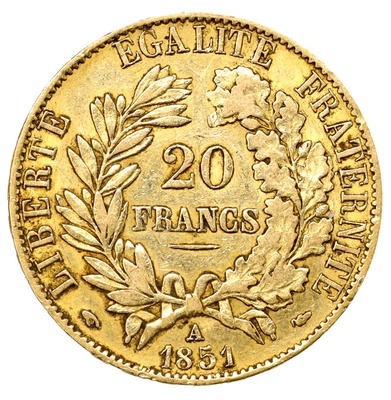 フランス 1851年A セレス女神 20フラン金貨 VF