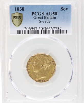 イギリス  特年1838年 ソブリン金貨 ビクトリア ヤングヘッド　PCGS AU50