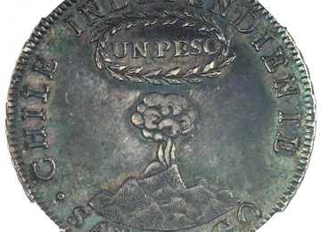 チリ 1822年FI サンティアゴ  1ペソ銀貨  活火山 美麗 グリーントーン NGC AU58