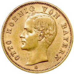 ドイツ・バイエルン 1905年D 20マルク金貨 オットー１世 VF+~EF極美品