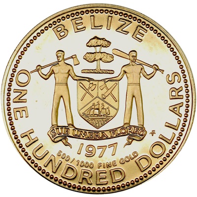 ベリーズ(イギリス)1977年 100ドル金貨 プルーフ マヤ文明太陽神　FDC完全未使用