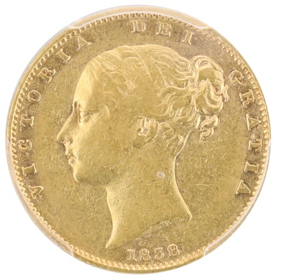 イギリス 特年1838年 ソブリン金貨  ビクトリアヤングヘッド　PCGS XF45