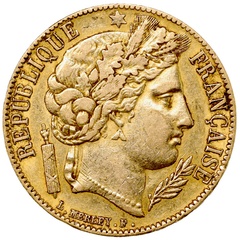 フランス 1851年A セレス女神 20フラン金貨 VF