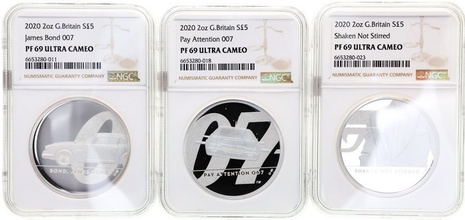 イギリス 2020年 007シリーズ 2オンスピエフォー 5ポンドプルーフ純銀貨ライン 3枚コンプリートセット　NGC PF69UCAM