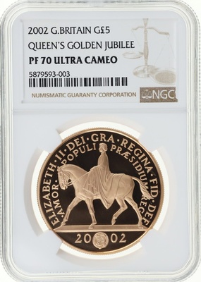 イギリス 2002年 5ポンドプルーフ金貨エリザベス2世即位50年 「馬上の女王」 NGC PF70UCAM