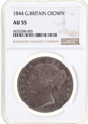 イギリス 1844年 クラウン銀貨  ビクトリア ヤングヘッド　VIII on edge Cinqfoil Stop AU55
