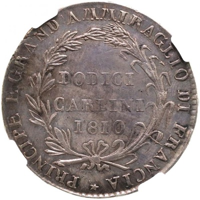 イタリア・ナポリ 1810年 ジョアッキーノ1世 12カルリーニ銀貨　NGC AU53