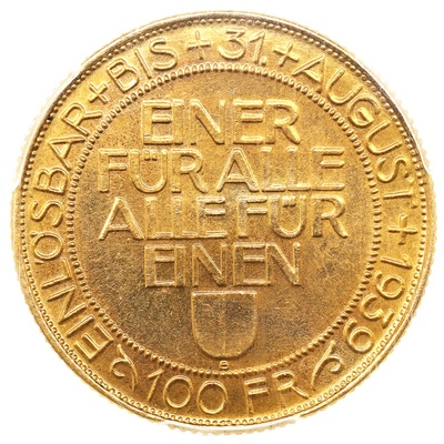 スイス　1939B　100フラン金貨　射撃祭　PCGS　MS62