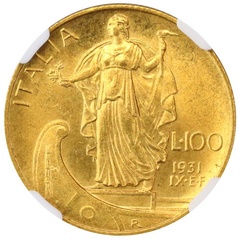 イタリア 1931年R 100リレ金貨 ヴィットリオ・エマヌエーレ3世　体制9周年　NGC MS63