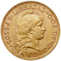 アルゼンチン 1887年 ５ペソ金貨 リバティ フリギア帽 VF+極美品