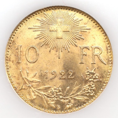 スイス 1922年B 10フラン金貨 アルプスと少女 ブレネリ ヘルベティア　NGC MS65 1760514-058