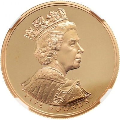 イギリス 2002年 5ポンドプルーフ金貨 エリザベス2世即位50年ゴールデンジュビリー 「馬上の女王」 NGC PF69UCAM