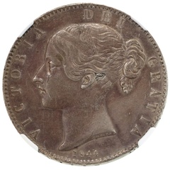 イギリス 1844年 クラウン銀貨  ビクトリア ヤングヘッド　VIII on edge Cinqfoil Stop AU55