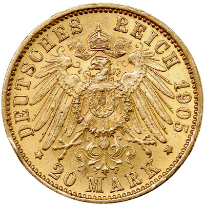 ドイツ・ヴュルテンベルク 1905年F  20マルク 金貨　ヴィルヘルム2世　EF+極美品+