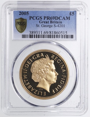 イギリス 2005年 5ポンド プルーフ金貨 エリザベス2世  セントジョージと竜退治　PCGS PR69DCAM