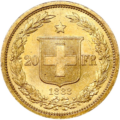 スイス 1883年B 20フラン金貨 ベルンミント ヘルヴェティア AU/UNC未使用
