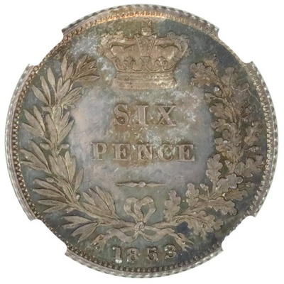 イギリス1853年銘　プルーフ 6ペンス 銀貨　ヴィクトリア ビクトリア　ヤング バスト　トーン　ESC R2指定レア　NGC PF64