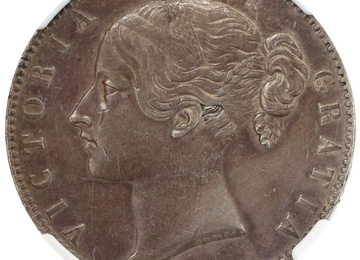 イギリス 1844年 クラウン銀貨  ビクトリア ヤングヘッド VIII on edge Cinqfoil Stop AU55
