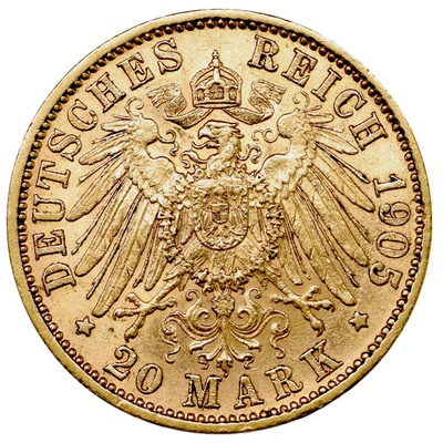 ドイツ・バイエルン 1905年D 20マルク金貨 オットー１世 VF+~EF極美品