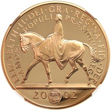 イギリス 2002年 5ポンドプルーフ金貨 エリザベス2世即位50年ゴールデンジュビリー 「馬上の女王」 NGC PF69UCAM