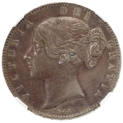 イギリス 1844年 クラウン銀貨  ビクトリア ヤングヘッド　VIII on edge Cinqfoil Stop AU55