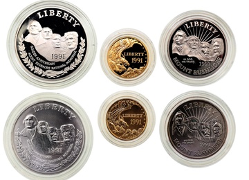 アメリカ　1991年　5ドル金貨*2　1ドル銀貨など6枚セット　Mount Rushmore anniversary