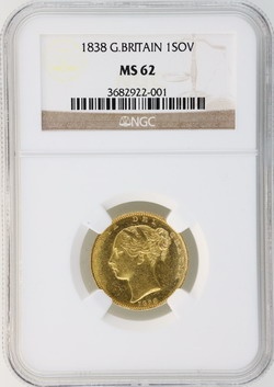 イギリス 1838年 銘特年 ソブリン 金貨  ビクトリア ヤング ヘッド　NGC MS62 発行初年度