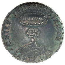 チリ 1822年FI サンティアゴ  1ペソ銀貨  活火山 美麗 グリーントーン NGC AU58