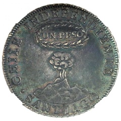 チリ 1822年FI サンティアゴ  1ペソ銀貨  活火山 美麗 グリーントーン NGC AU58