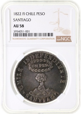 チリ 1822年FI サンティアゴ  1ペソ銀貨  活火山 美麗 グリーントーン NGC AU58