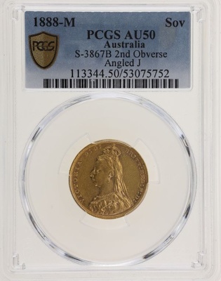 オーストラリア（イギリス）　1888M　ビクトリア　ソブリン金貨　メルボルンミント　ジュビリーバスト　PCGS AU50
