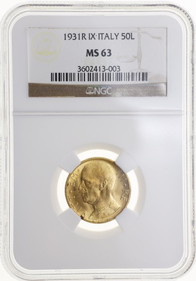 イタリア 1931年R 50リレ金貨 ヴィットリオ・エマヌエーレ3世　NGC MS63 3602413-003