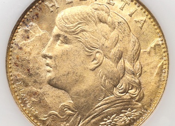 スイス 1922年B 10フラン金貨 アルプスと少女 ブレネリ ヘルベティア　NGC MS65 1760514-058